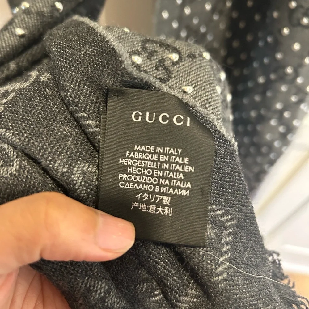 Gucci Rare Vintage Supreme Wool Studded Dark Grey & Silver Reversible GG Scarf - Picture 6 of 7